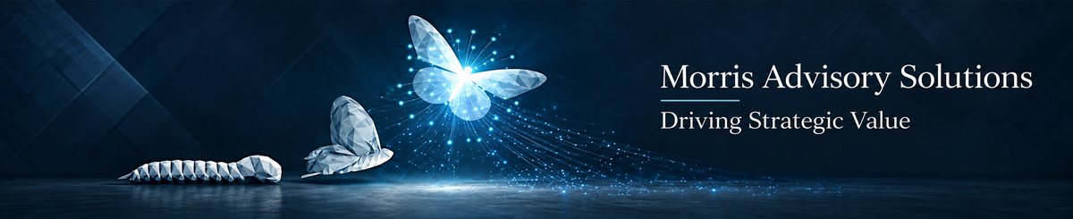 Morris Advisory Solutions, Driving Strategic Value. A caterpillar, a chrysalis and a butterfly illustrate transformation.